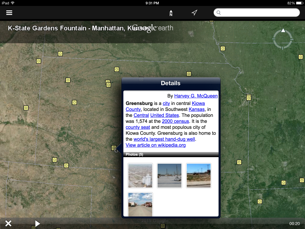 Kansas in Google Earth with information selected for Greensburg (shows post-tornado photos)